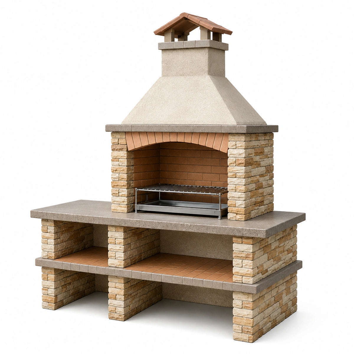 Gartengrillkamin 140 x 70 x 220 cm aus Stein Beige Braun mit Grillrost und Kaminabzug