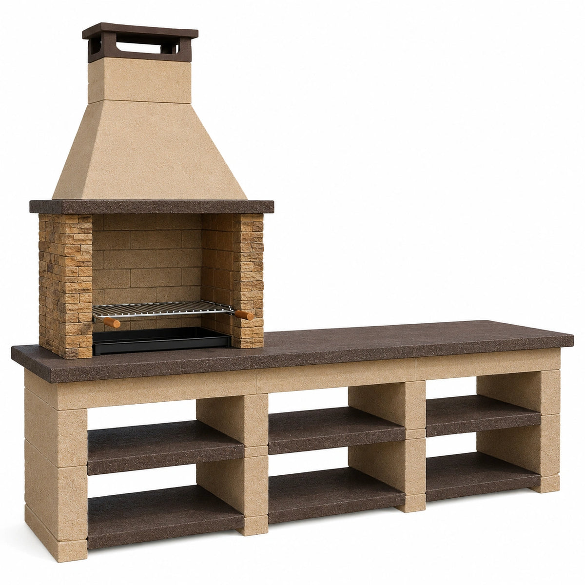 Gartengrill 220 x 70 x 235 cm Beton Stein Beige Braun mit Grillrost und Ablageflächen