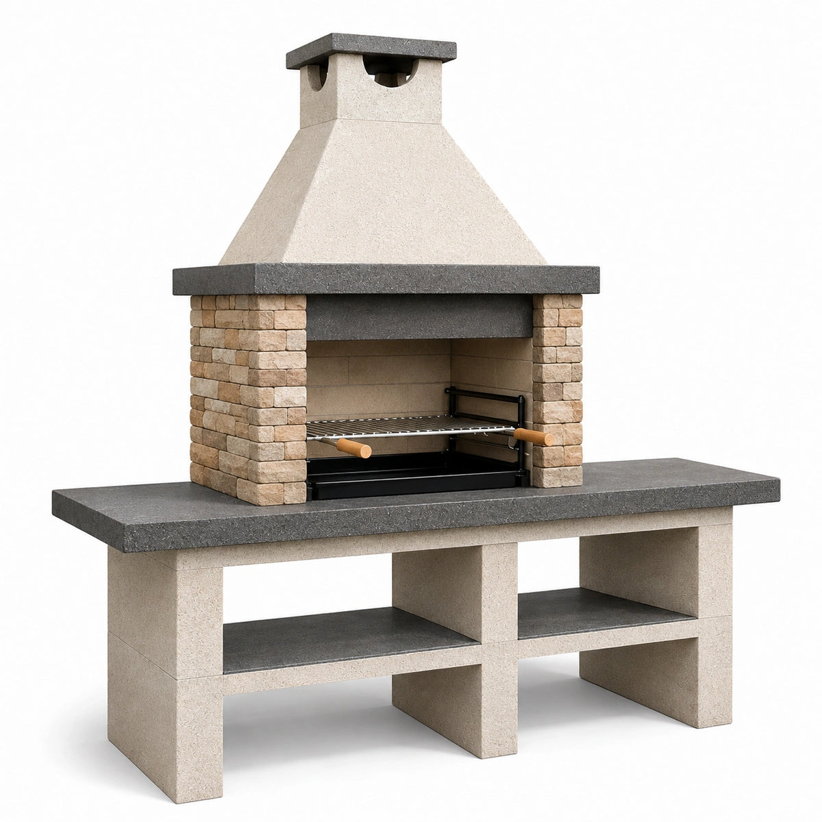 Gartengrillkamin 180 x 70 x 210 cm aus Naturstein in Beige Anthrazit mit Grillrost und Ablageflächen
