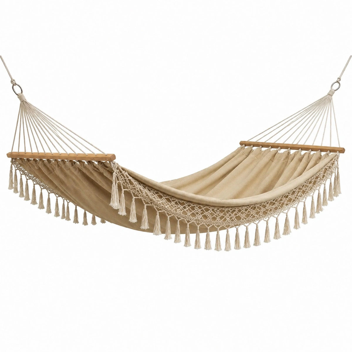 Hängematte 300 x 100 cm Baumwolle Beige mit Holzspreizstäben im Boho-Stil