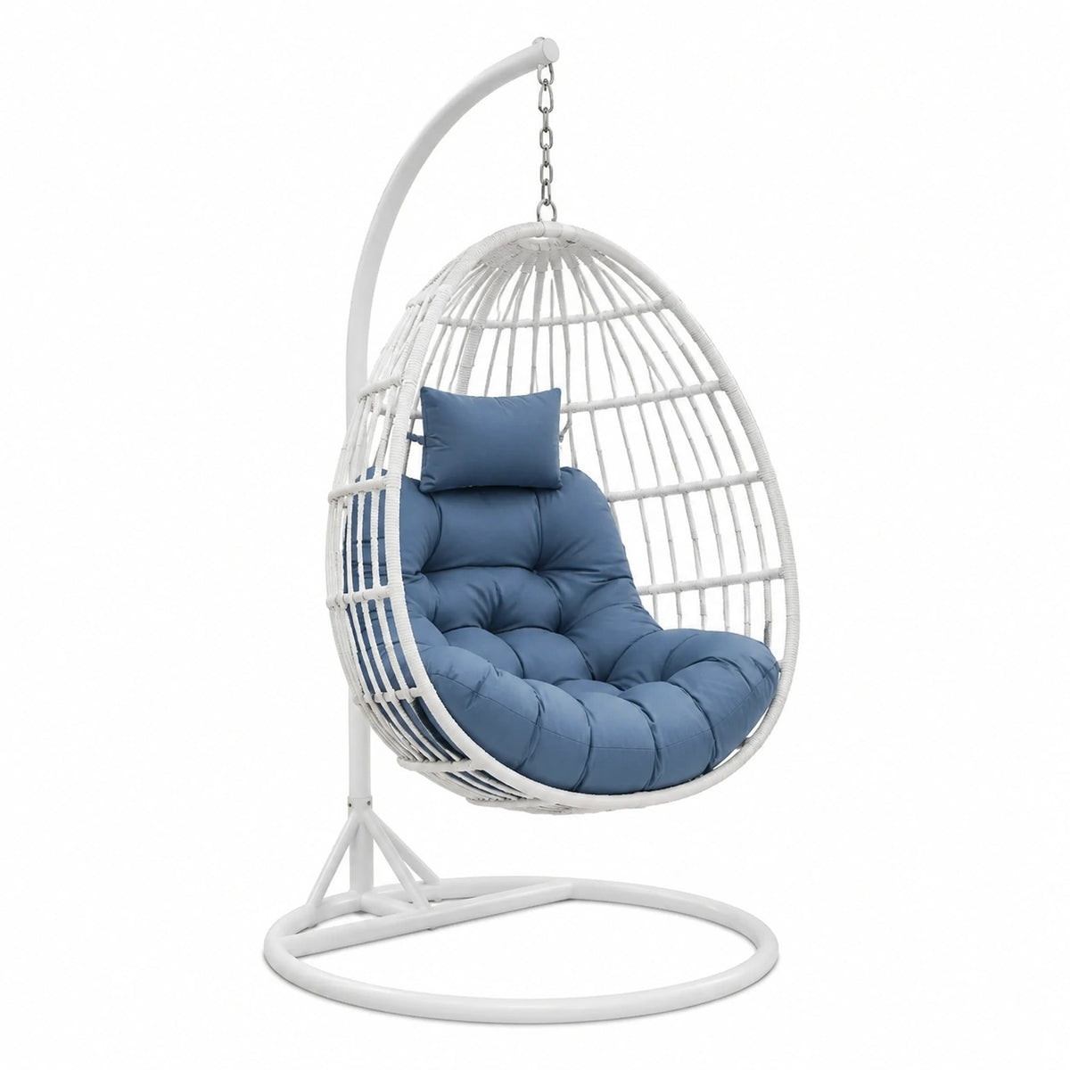 Hängesessel 105 x 105 x 195 cm Weiß Blau mit Metallgestell und Polyrattan für Garten und Balkon