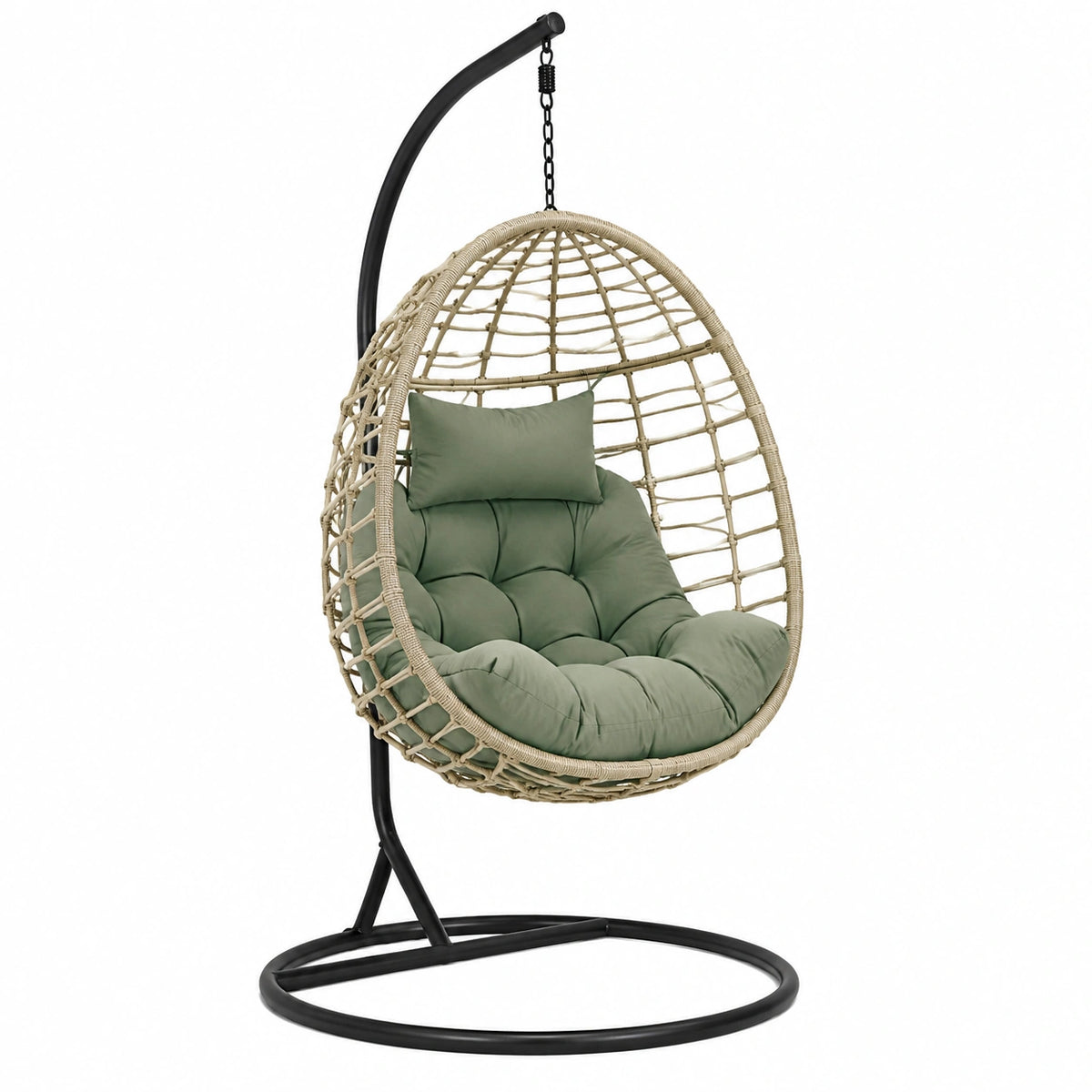 Hängesessel 105 x 95 x 195 cm aus Polyrattan in Naturgrün mit Stahlgestell für Innenbereiche im Boho-Stil