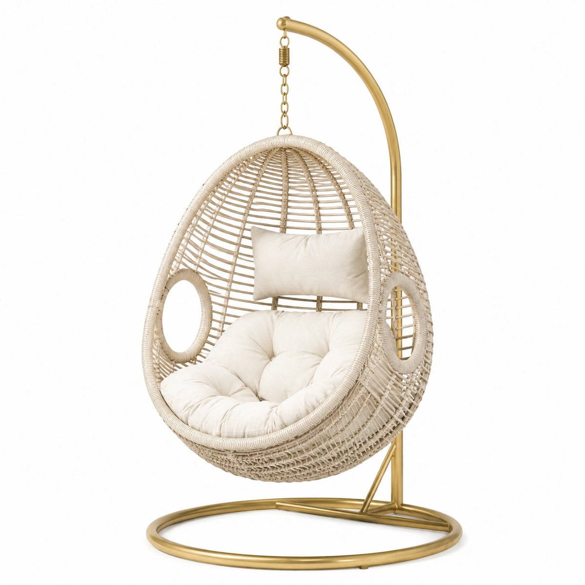 Hängesessel 105 x 105 x 195 cm mit Metallgestell und Kunststoffgeflecht in Beige Gold für Garten und Wohnbereich